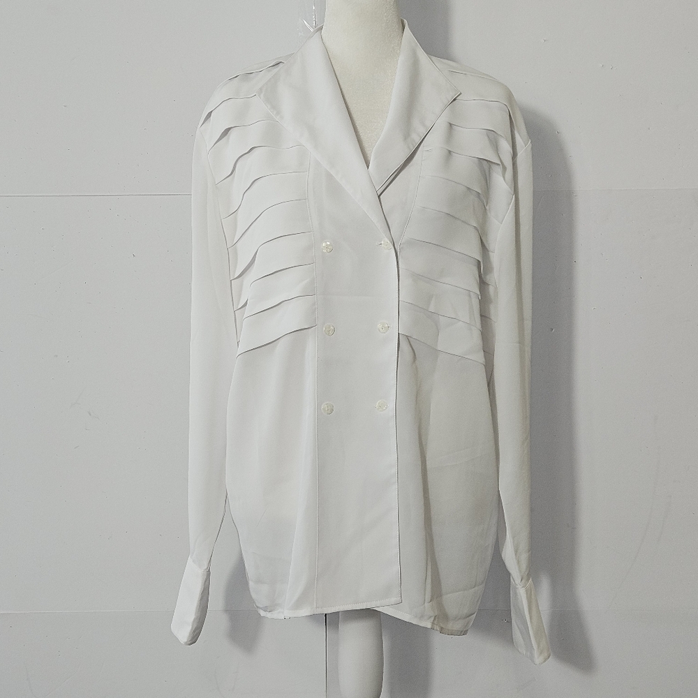 La Chine Classic Size 12 White Long-Sleeved Polyester Button Up Blouse with Laye - Picture 2 of 16